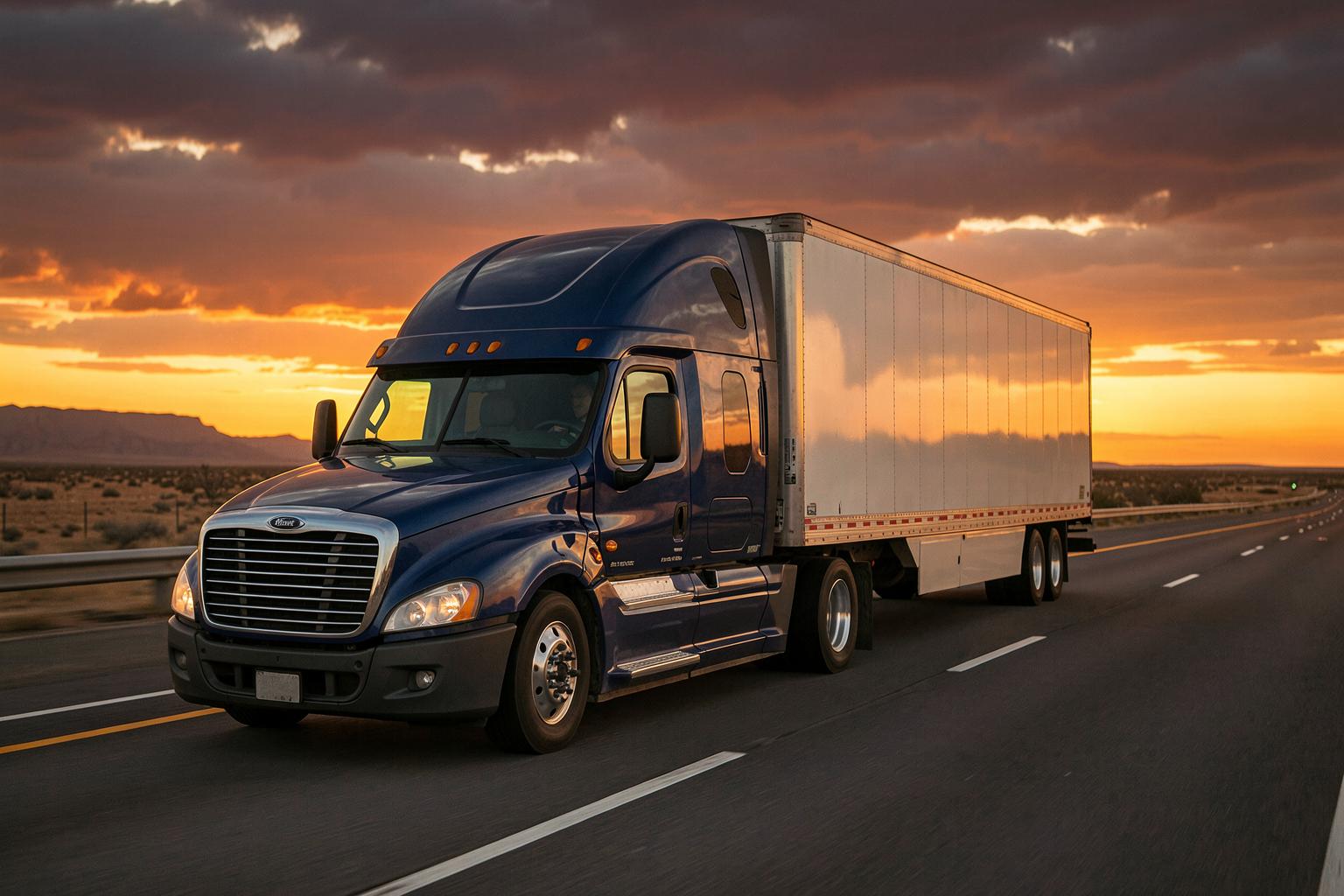 A navy I AM Trucking tractor pulling a white reefer trailer down the open highway