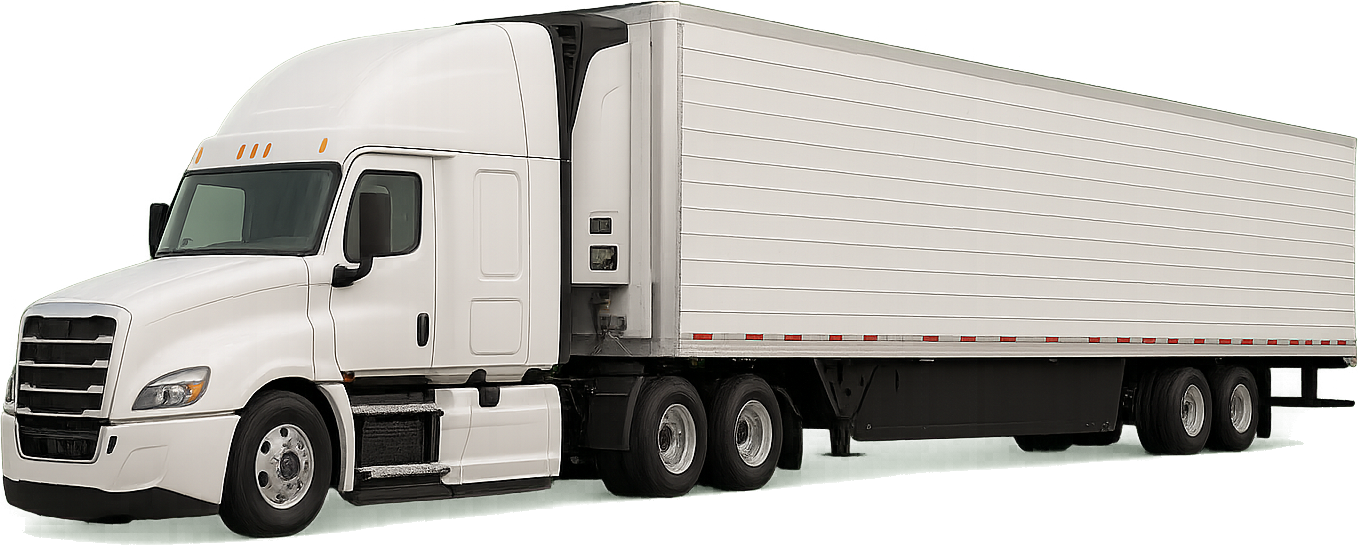 A standard white refrigerated tractor-trailer on the open highway